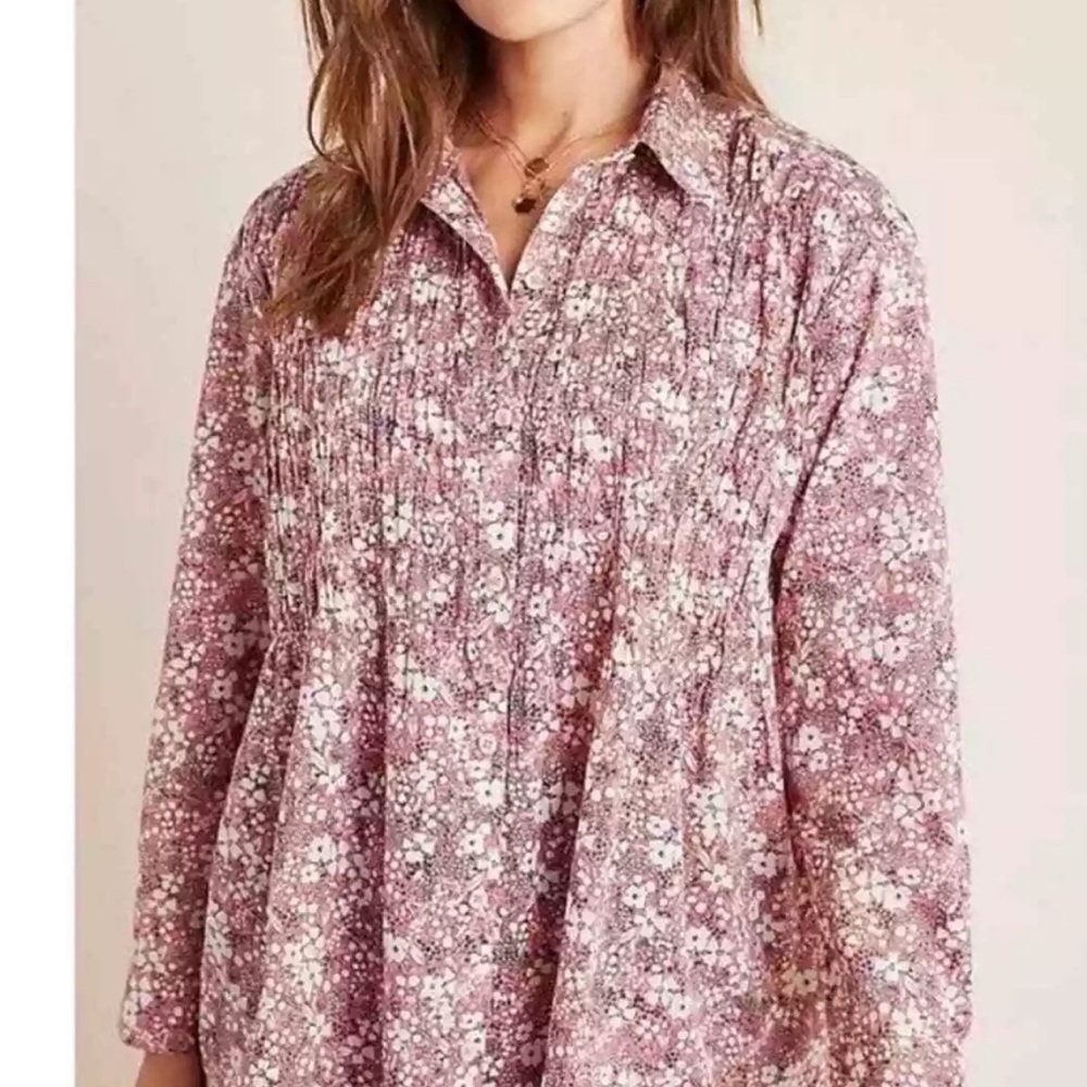 PILCRO Anthropologie Sasha Smocked boho floral Button Down Top M Cottagecore